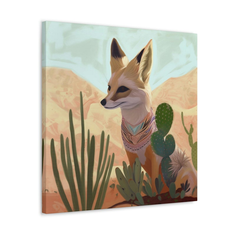 Desert Fox Art Print, Southwestern Decor, Pastel Neutral Cactus Ocotillo, Texas Travel Retro Vintage Wall Art, Beige Canvas Gallery Wrap image 2
