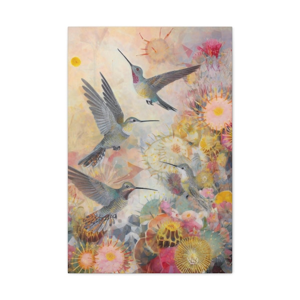 Colibrí Cactus Arte Impresión Pintura Colorida Arte de la Pared Occidental Salvaje Oeste Desierto Suroeste Decoración del Hogar Obra de Arte Wallart Listo para colgar Lienzo