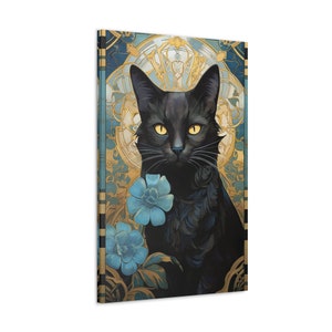Mucha Black Cat Artwork Black Cat Print Blue Flowers Cat Painting Floral Wall Art Art Nouveau Painting Wallart Alphonse Ready to Hang Canvas image 2