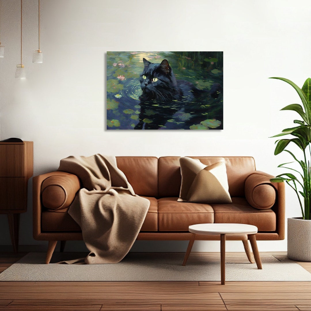 Monet Waterlily Cat Print, Claude Monet Cat Poster, Black Cat Art ...