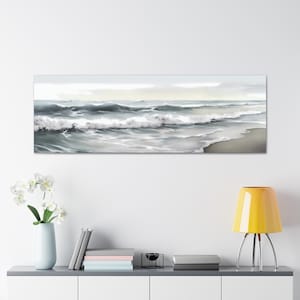Dipinto panoramico minimalista con motivo costiero grigio, spiaggia, stampato su tela orizzontale lunga, pronto da appendere.