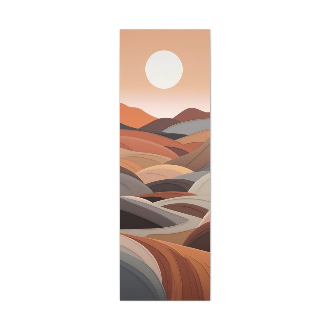 Long Narrow Vertical Wall Art, Boho Minimalist Mountain Sunset Painting