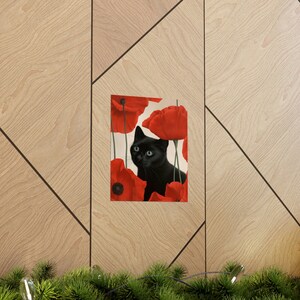 Georgia Okeeffe Red Poppy Flower Cat Print, Georgia O'keeffe Painting Poster, Black Cat Artwork, Home Decor Wall Art, Funny Cat Lover Gift 画像 2