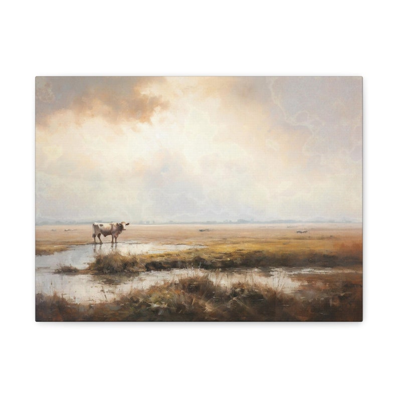 Vintage Cow Print Farm Wall Art Landscape Large Vintage Artwork Fine Art Style Oil Painting Modern Farmhouse Ready to Hang Canvas image 8