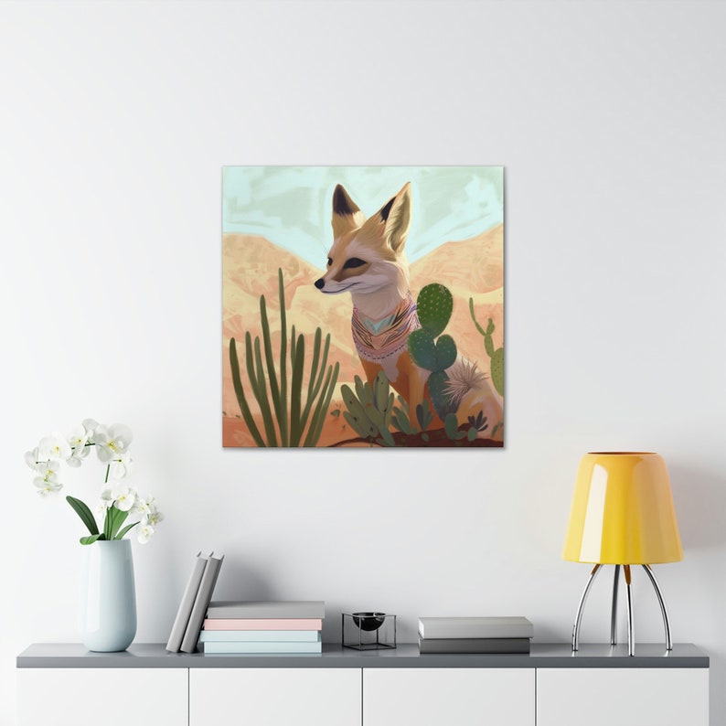 Desert Fox Art Print, Southwestern Decor, Pastel Neutral Cactus Ocotillo, Texas Travel Retro Vintage Wall Art, Beige Canvas Gallery Wrap image 6