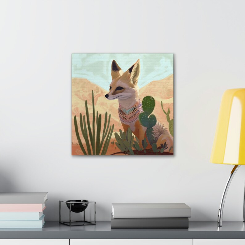 Desert Fox Art Print, Southwestern Decor, Pastel Neutral Cactus Ocotillo, Texas Travel Retro Vintage Wall Art, Beige Canvas Gallery Wrap image 9