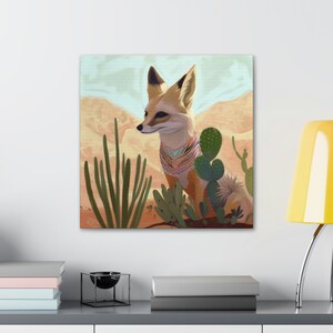 Desert Fox Art Print, Southwestern Decor, Pastel Neutral Cactus Ocotillo, Texas Travel Retro Vintage Wall Art, Beige Canvas Gallery Wrap image 5