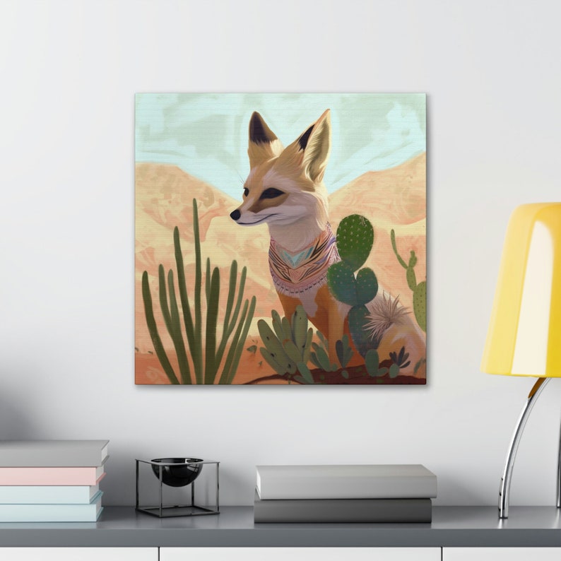 Desert Fox Art Print, Southwestern Decor, Pastel Neutral Cactus Ocotillo, Texas Travel Retro Vintage Wall Art, Beige Canvas Gallery Wrap image 5