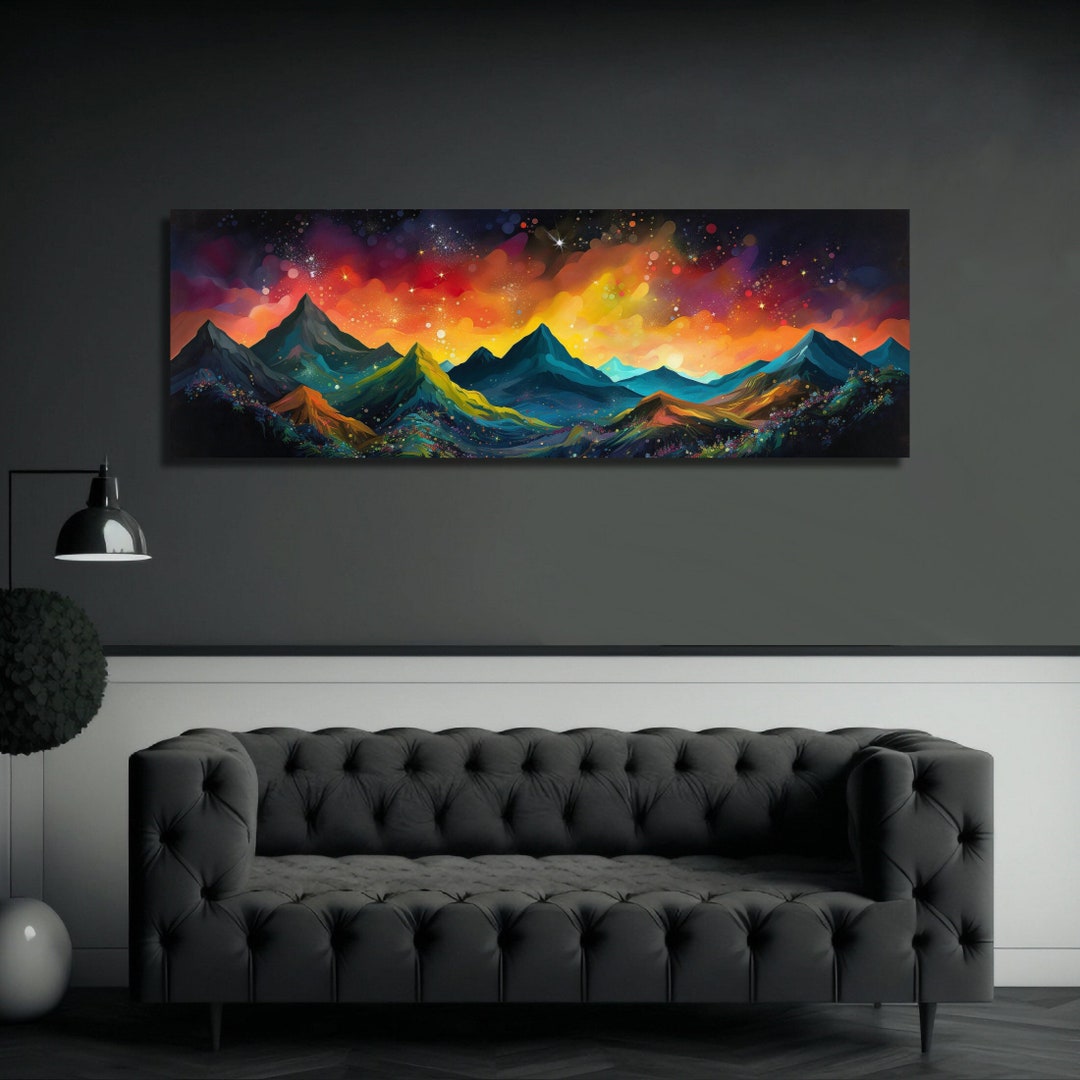 Starry Night Sky Mountain Landscape Painting Print Colorful Night Sky