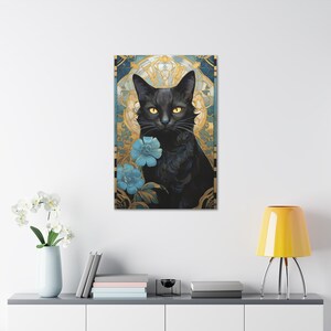 Mucha Black Cat Artwork Black Cat Print Blue Flowers Cat Painting Floral Wall Art Art Nouveau Painting Wallart Alphonse Ready to Hang Canvas image 4