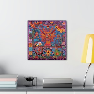 Huichol Mexican Yarn Painting Print, Huichol Home Decor, Mexican Wall Art, Mexico Wall Decor, Yarn Artwork Canvas, Huichol Wallart.