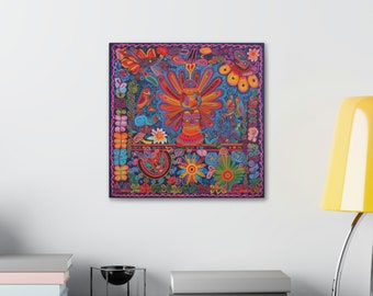 Huichol Mexican Yarn Painting Print, Huichol Home Decor, Mexican Wall Art, Mexico Wall Decor, Yarn Artwork Canvas, Huichol Wallart.