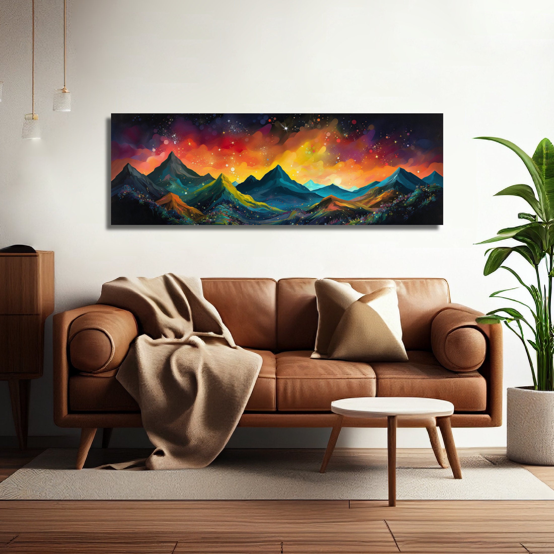 Starry Night Sky Mountain Landscape Painting Print Colorful Night Sky ...