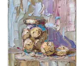 Cookie Jar Oil Painting Kitchen Wall Art Food Bakery Decor, Jar of Cookies Artwork Diner Restaurant Decor Artwork Canvas Print