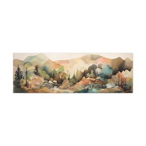 Watercolor Landscape Wall Art Cottagecore Panoramic Print Long Horizontal Narrow Painting Wide Mountain Artwork on Ready to Hang Canvas