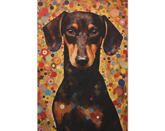 May include: A black and brown dachshund dog with a colorful background of circles. The dog is looking directly at the viewer.
