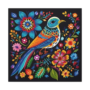 Otomi Bird Art Print Mexico Kingbird Mexican Folk Artwork Print Talavera Home Decor Folkart Tenango Style Wall Art Ready To Hang Canvas