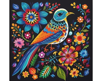 Otomi Bird Art Print Mexico Kingbird Mexican Folk Artwork Print Talavera Home Decor Folkart Tenango Style Wall Art Ready To Hang Canvas