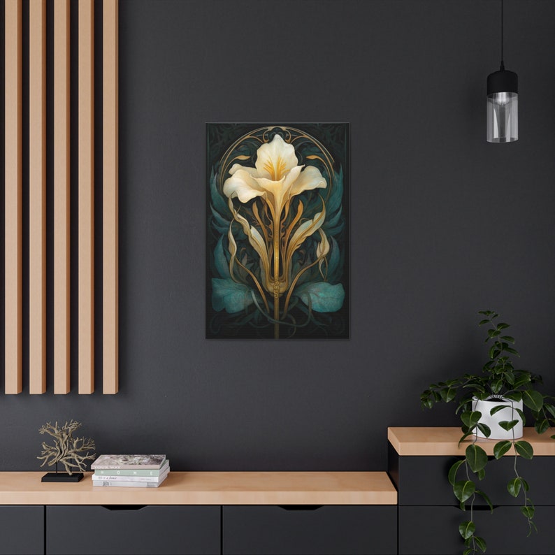 White Iris Art Nouveau Print Flower Vitrail, Floral Art Déco, Gothic Dark Academia Artwork Symbolique vintage Spiritual Shining Wall Art image 5