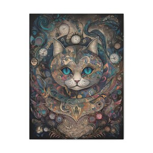 Abstract Cat Melting Clocks Print Gothic Cat Artwork Illustration Print Wall Art Home Decor Art Nouveau Wallart Ready To Hang Canvas