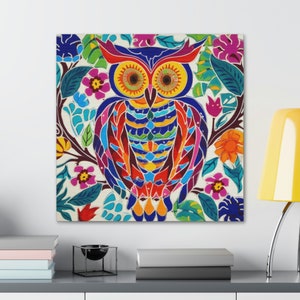 Otomi Owl Wall Art Mexico Hanging Mexican Folk Artwork Print Talavera Wallart Large Home Decor Folkart Tenango Style Colorful Floral Art