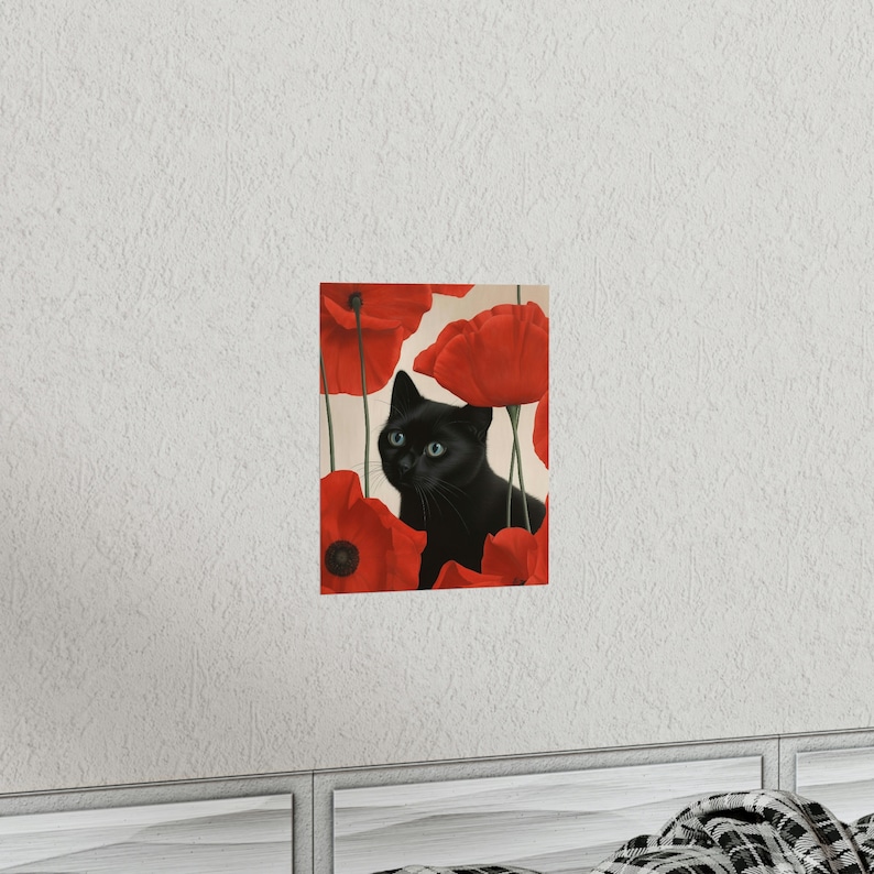 Georgia Okeeffe Red Poppy Flower Cat Print, Georgia O'keeffe Painting Poster, Black Cat Artwork, Home Decor Wall Art, Funny Cat Lover Gift 画像 4