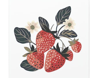 Strawberry Wall Art, Strawberries Art Print, Kitchen Art Print, Housewarming Gift, Fruit Food Illustration, Vintage Retro Dining Room Canvas