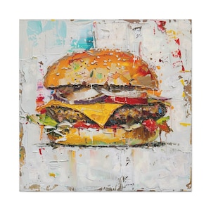 Hamburger Oil Painting Kitchen Wall Art Food Decor, Dining Room Burger Wall Decor Cheeseburger Artwork Diner Restaurant Artwork Canvas Print