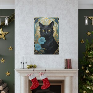 Mucha Black Cat Artwork Black Cat Print Blue Flowers Cat Painting Floral Wall Art Art Nouveau Painting Wallart Alphonse Ready to Hang Canvas image 5