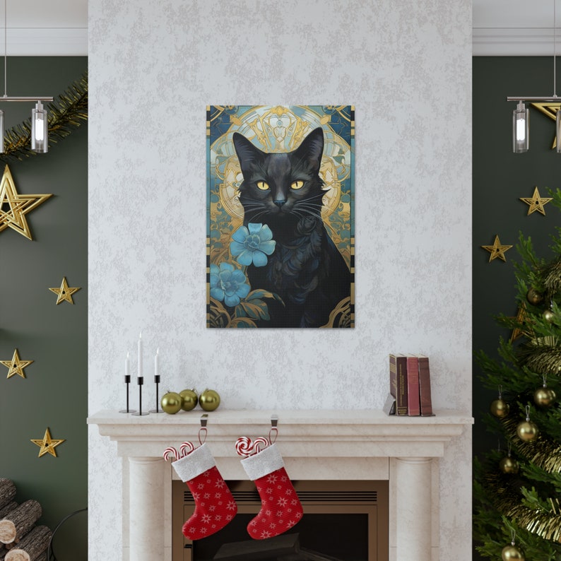 Mucha Black Cat Artwork Black Cat Print Blue Flowers Cat Painting Floral Wall Art Art Nouveau Painting Wallart Alphonse Ready to Hang Canvas image 5