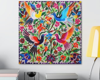 Decorative Mexican Otomi Print, Song Birds & Floral Motifs, Mexico Wall Art, Garden, Colorful Farmhouse Home Decor, Talavera Tile Artwork