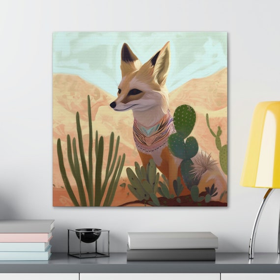 Desert Fox Art Print, Southwestern Decor, Pastel Neutral Cactus Ocotillo, Texas Travel Retro Vintage Wall Art, Beige Canvas Gallery Wrap