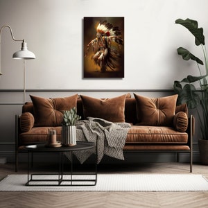 May include: A painting of a Native American man in traditional clothing and headdress, dancing with his arms outstretched. The background is a muted brown color.