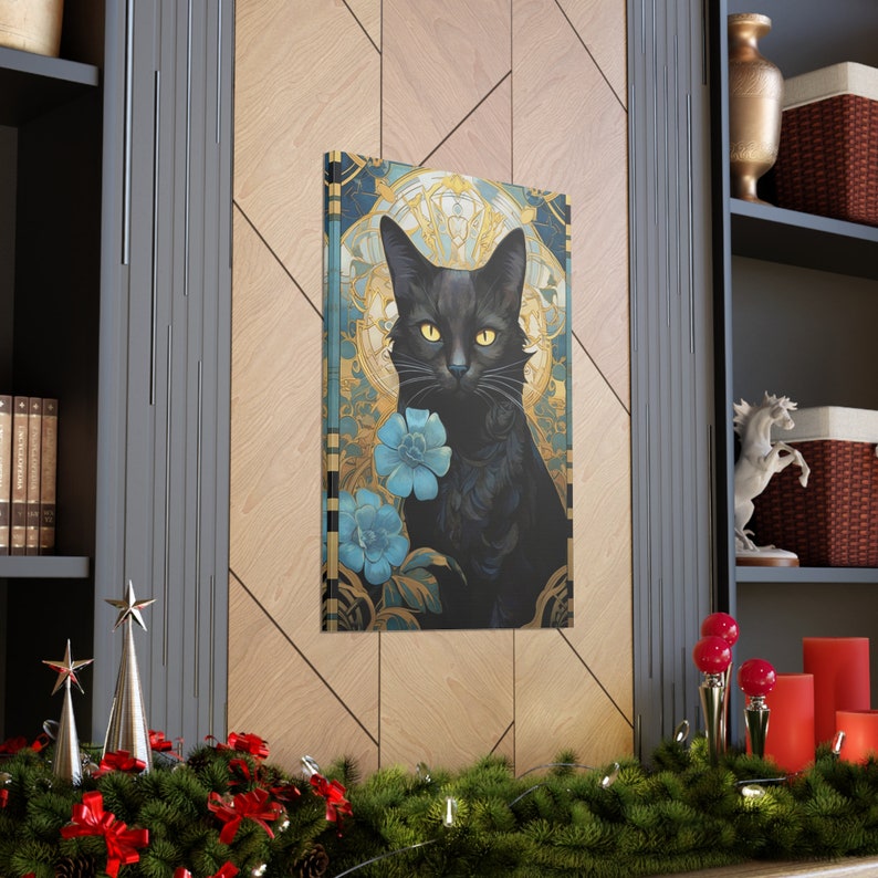 Mucha Black Cat Artwork Black Cat Print Blue Flowers Cat Painting Floral Wall Art Art Nouveau Painting Wallart Alphonse Ready to Hang Canvas image 6