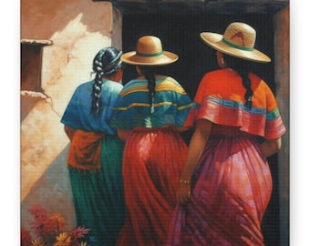 Mexican Women Art Painting Wall Art Mexico Home Decor, Small Mexican Canvas Print Colorful Latina Artwork Hispanic Folk Art Latin Woman 6x6"