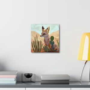 Desert Fox Art Print, Southwestern Decor, Pastel Neutral Cactus Ocotillo, Texas Travel Retro Vintage Wall Art, Beige Canvas Gallery Wrap image 8