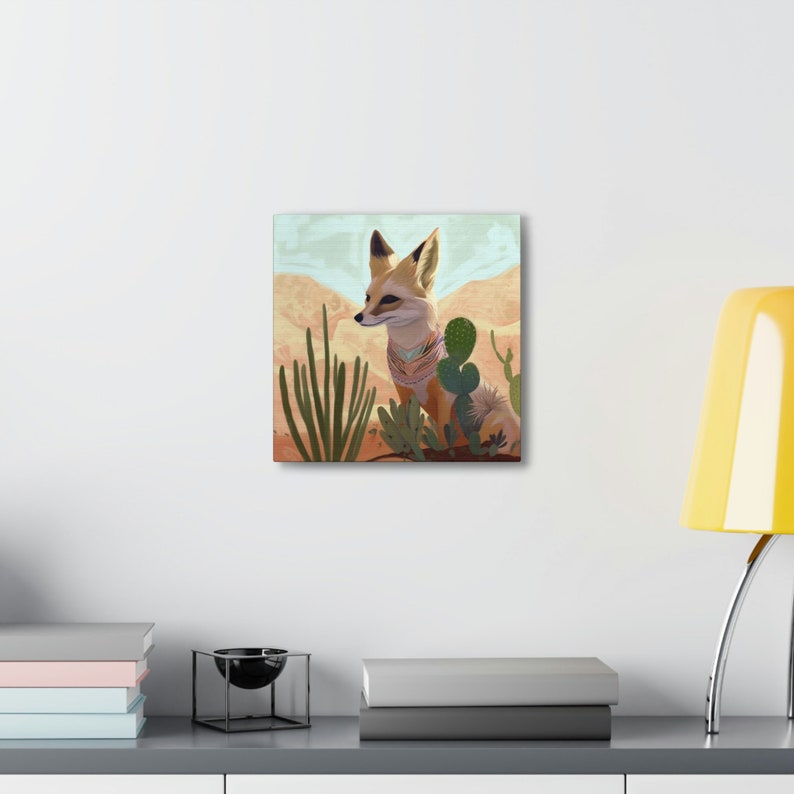 Desert Fox Art Print, Southwestern Decor, Pastel Neutral Cactus Ocotillo, Texas Travel Retro Vintage Wall Art, Beige Canvas Gallery Wrap image 8