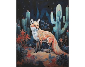 Desert Fox Painting Print Western Wall Art Wild West Decor Vintage Cactus Southwestern Home Decoration Artwork Wallart Ready to Hang Canvas