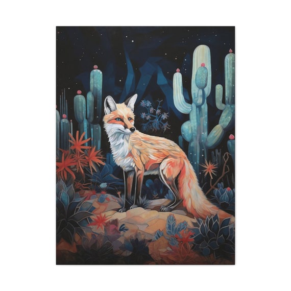 Desert Fox Painting Print Western Wall Art Wild West Decor Vintage Cactus Southwestern Home Decoration Artwork Wallart Ready to Hang Canvas