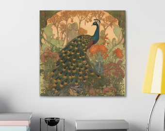 Peacock Illustration, Vintage Art Nouveau Print, Botanical Wall Art, Antique French Artwork, Bird Painting, Bird Wallart Home Decor Canvas