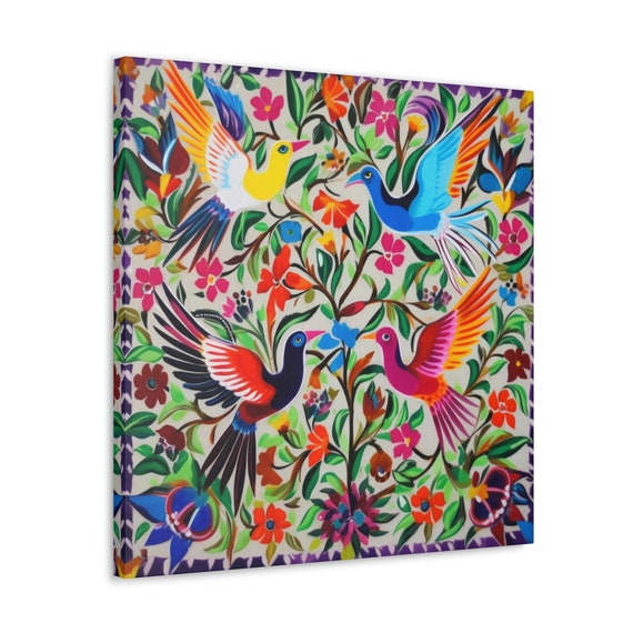 Decorative Mexican Otomi Print, Song Birds & Floral Motifs