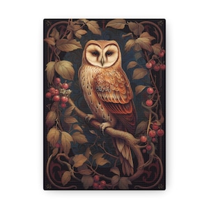 Antique Owl Painting, Dark Academia Print Wall Art, Moody Rustic Bird Print Vintage Art Nouveau Wallart Dark Art 5x7 Canvas Artwork