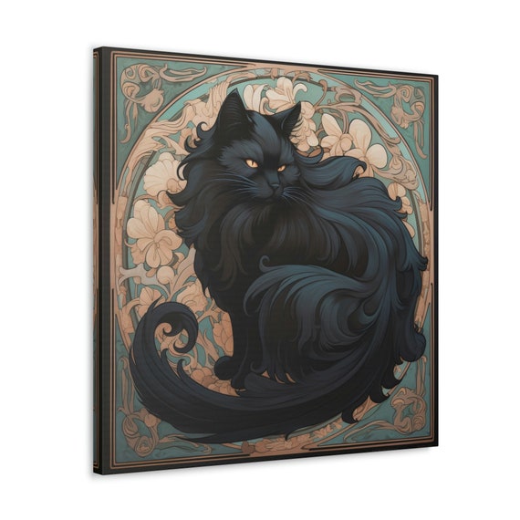 Alphonse Mucha Black Cat Print Canvas, Black Cat Artwork, Flowers