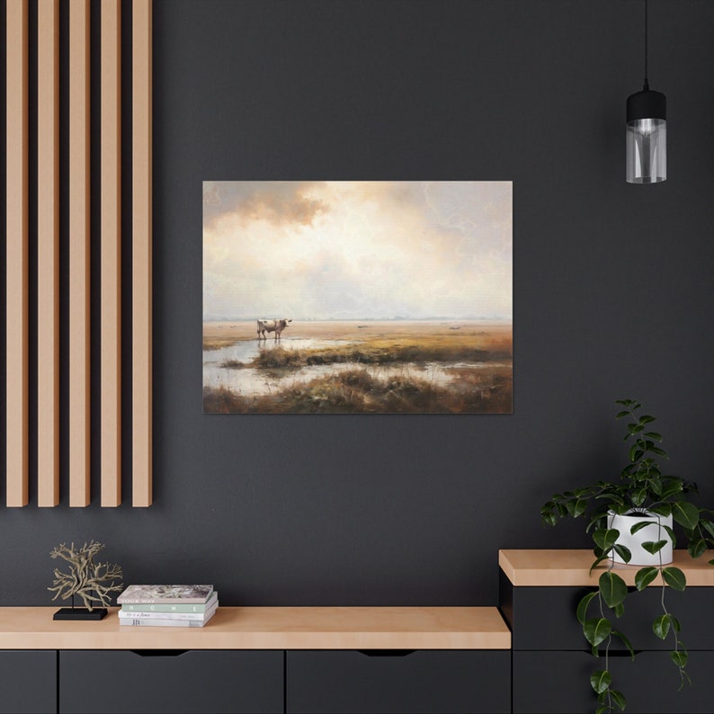 May include: A painting depicting a cow standing in a field of long grass with a cloudy sky in the background.