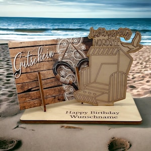 Gutschein Geschenk mit Strandkorb "Lieblingsplatz Nordsee", Geldgeschenk für Reise, maritime Verpackung für Geburtstagskarten