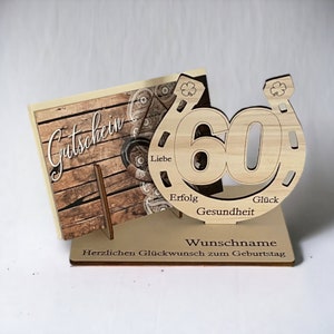 Geldgeschenk zum 60. Geburtstag – Personalisiertes Holz-Hufeisen mit Gravur, Gutscheinhalter, originelle Verpackung für Geld und Gutscheine