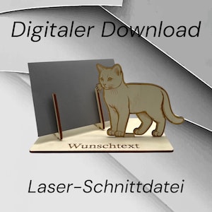以下が含まれることがあります： 猫の形をしたカードホルダーのレーザーカットファイルのデジタルダウンロードです。ホルダーにはカードを入れるスロットと、パーソナライズされたメッセージを入れるスペースがあります。ホルダーには「Wunschtext」というテキストが表示されています。