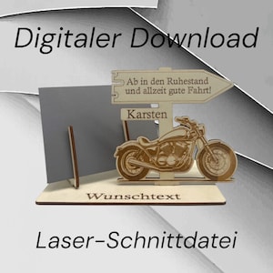 Digitale Laser-Schnittdatei Wegweiser mit Motorrad – DXF, SVG, Schneidedatei für Holz, Lasercut, Gutscheinhalter Ruhestand, Gravurvorlage