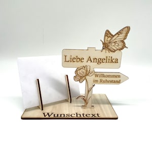 Gutschein zur Rente verschenken, Blume und Schmetterling zum Ruhestand, Abschied Kollegin, Rente Geldgeschenk, Gutschein zur Pensionierung