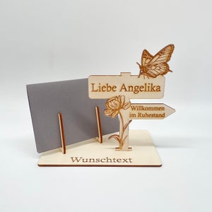 Rente - Ruhestand - Gutschein verpacken ,Motiv: Blume und Schmetterling zum Ruhestand, Geschenk für Kollegen ,Geldgeschenk verpacken